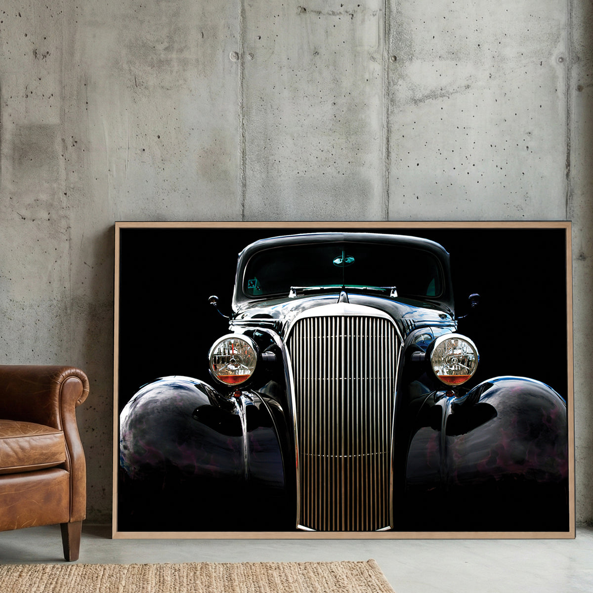 Vintage Chevy Hot Rod canvas wall art print displayed in a styled living room