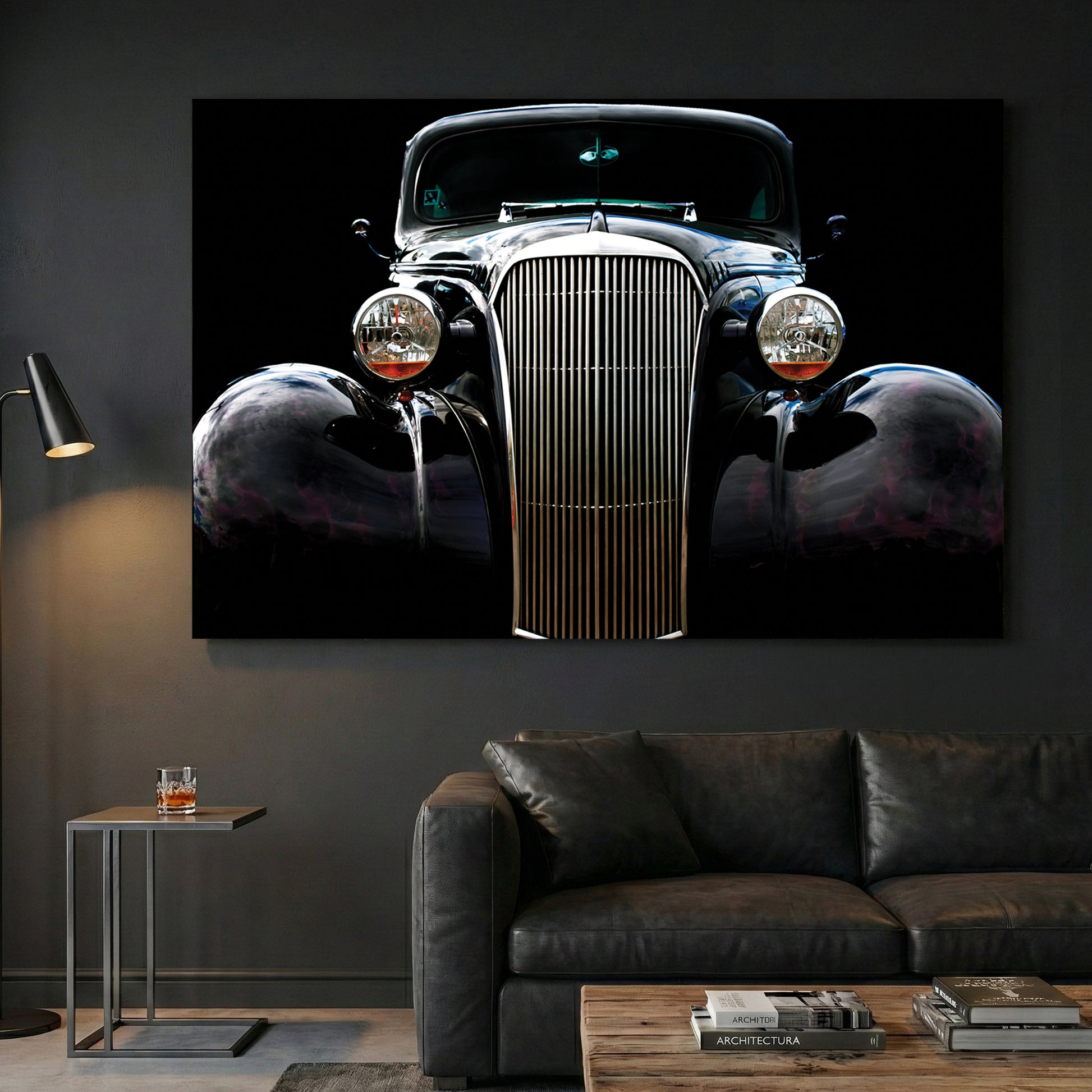 Vintage Chevy Hot Rod canvas wall art print displayed in a styled living room