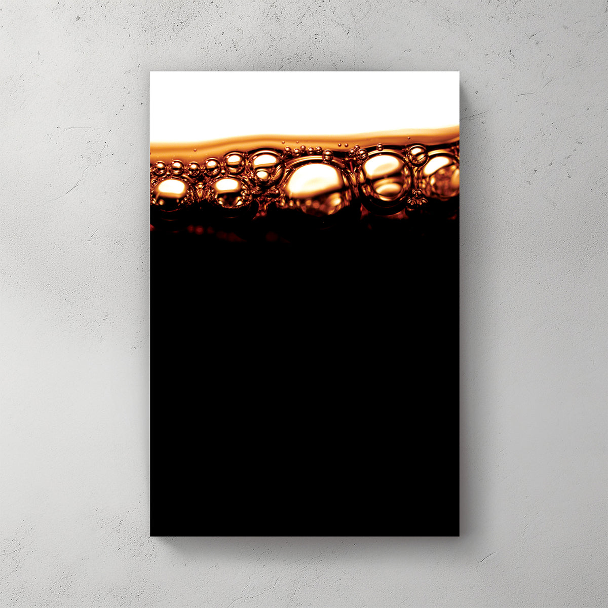 Macro of golden cola bubbles and foam catching light along a dark liquid surface, black below — canvas wall art print