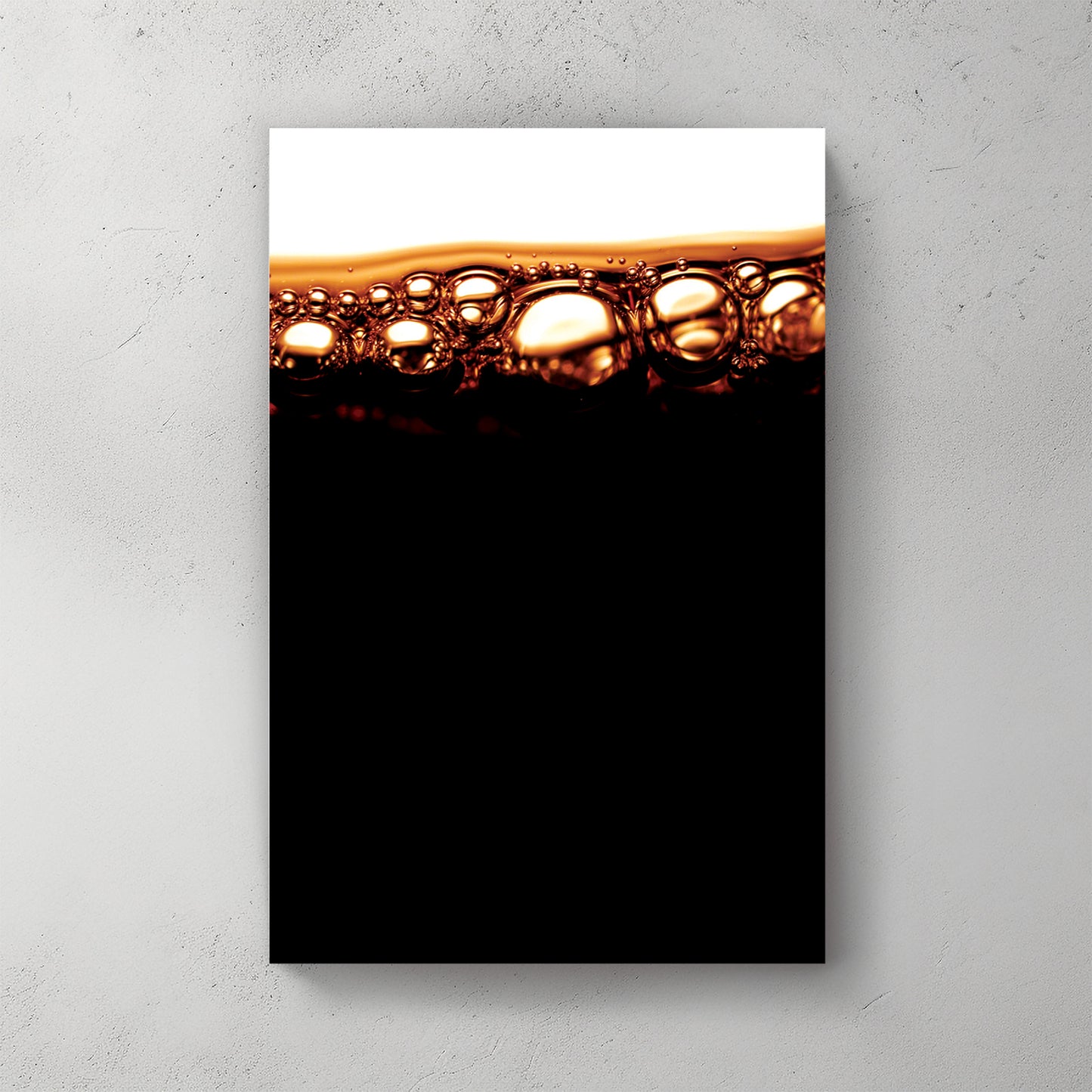 Macro of golden cola bubbles and foam catching light along a dark liquid surface, black below — canvas wall art print