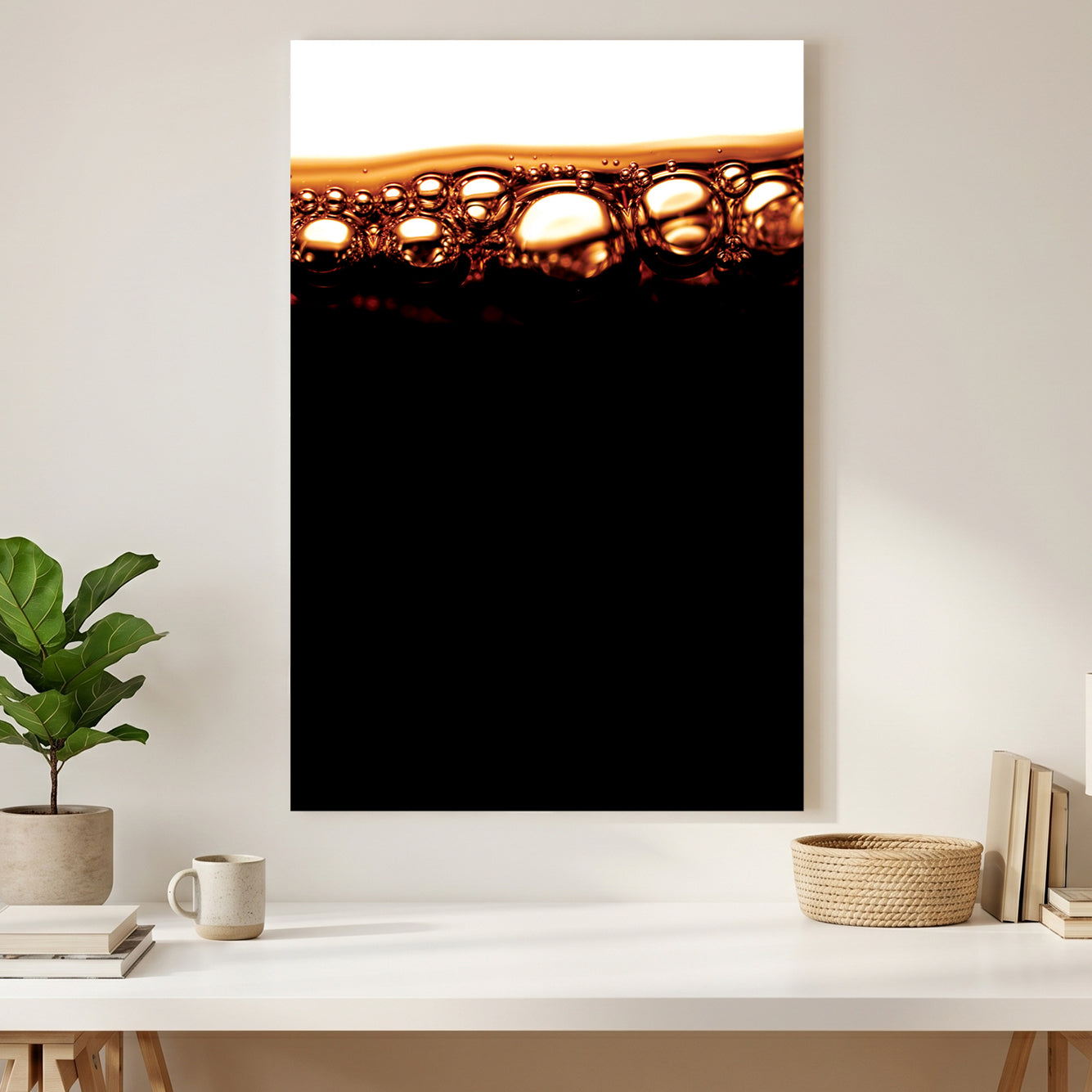 Cola Bubbles Abstract canvas wall art print styled in a modern interior