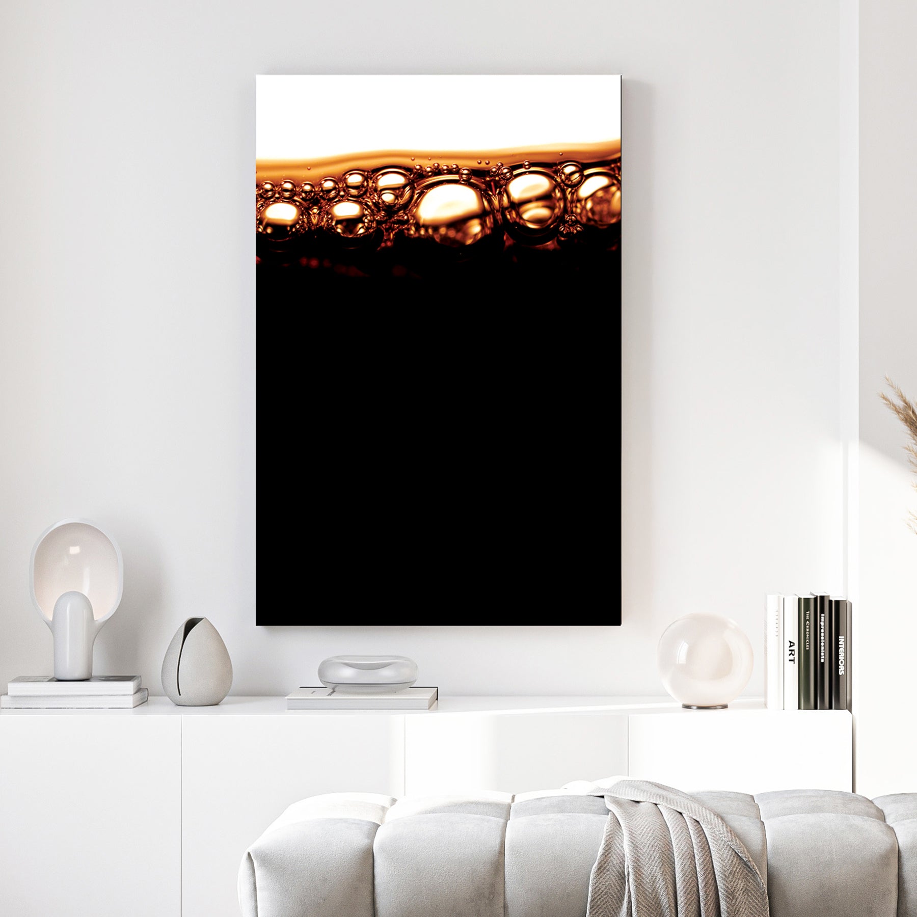 Cola Bubbles Abstract canvas wall art print above a sofa in a contemporary living room