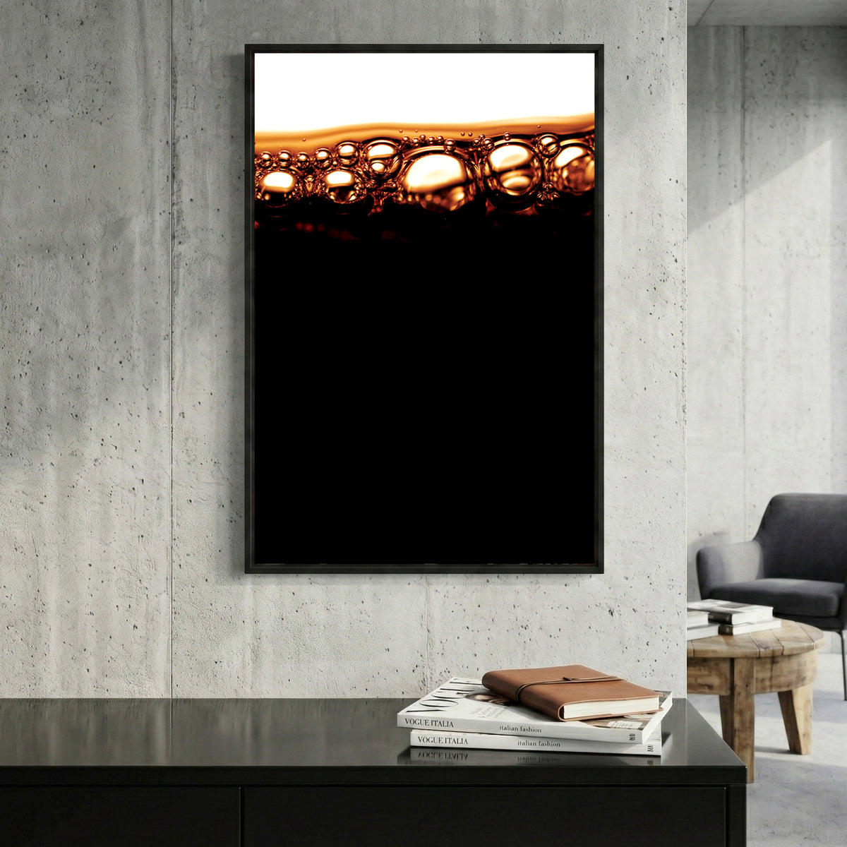 Cola Bubbles Abstract framed canvas wall art print in a gallery-style display