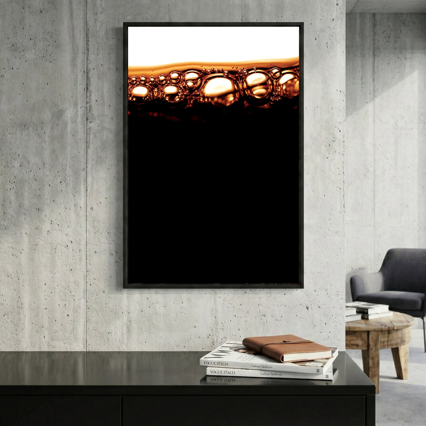 Cola Bubbles Abstract framed canvas wall art print in a gallery-style display