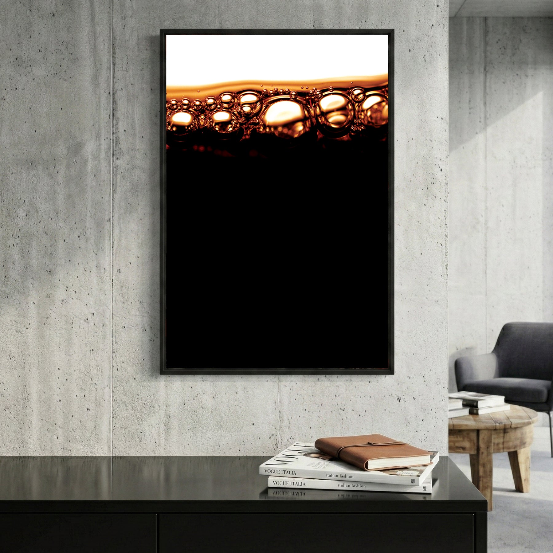 Cola Bubbles Abstract framed canvas wall art print in a gallery-style display