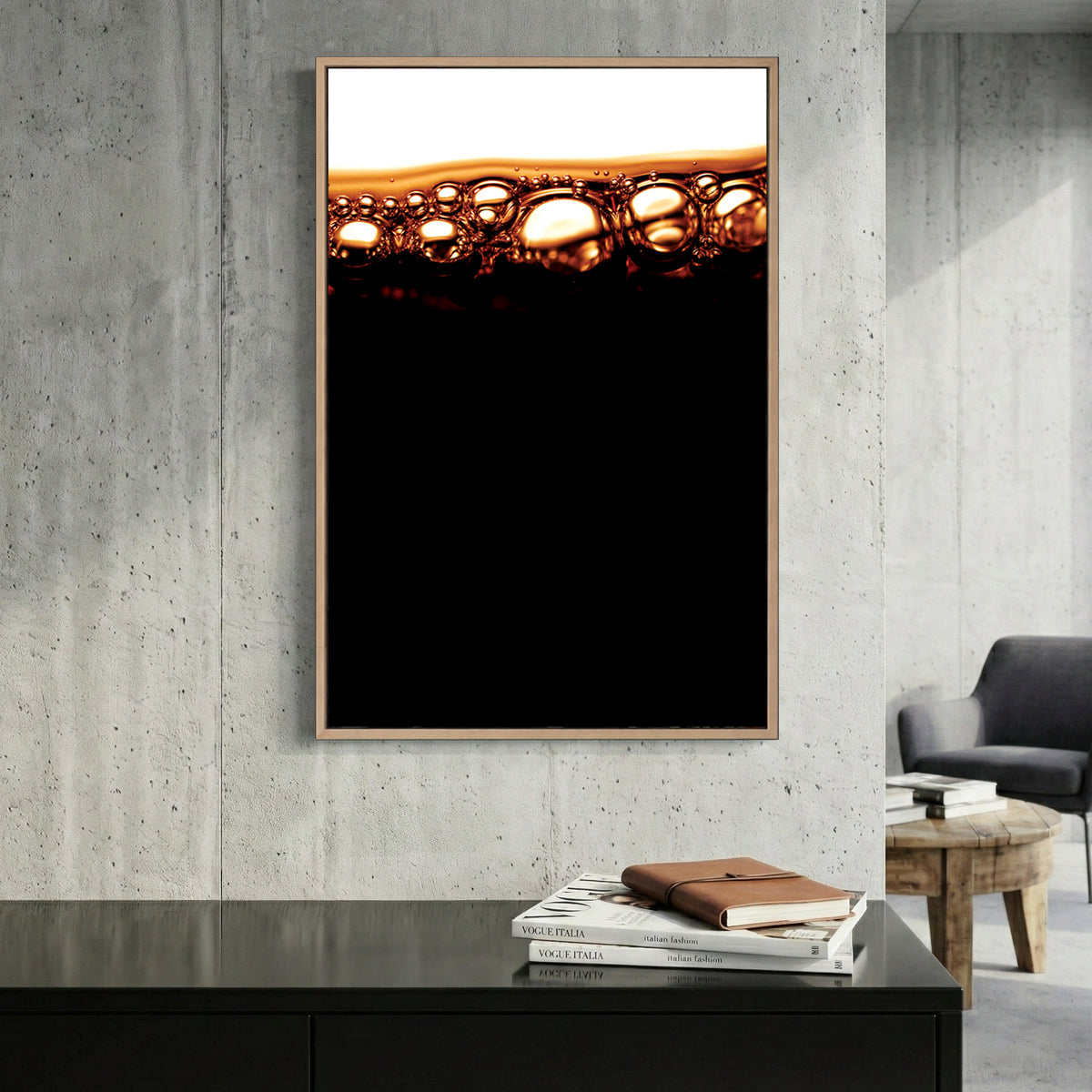 Cola Bubbles Abstract canvas wall art print displayed in a styled living room