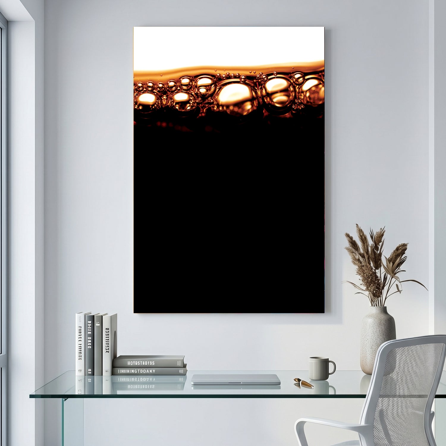 Cola Bubbles Abstract canvas wall art print displayed in a styled living room