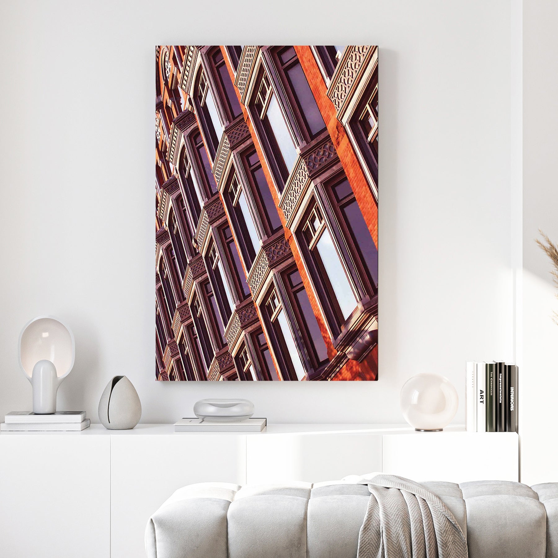 Heritage Brick Facade canvas wall art print above a sofa in a contemporary living room