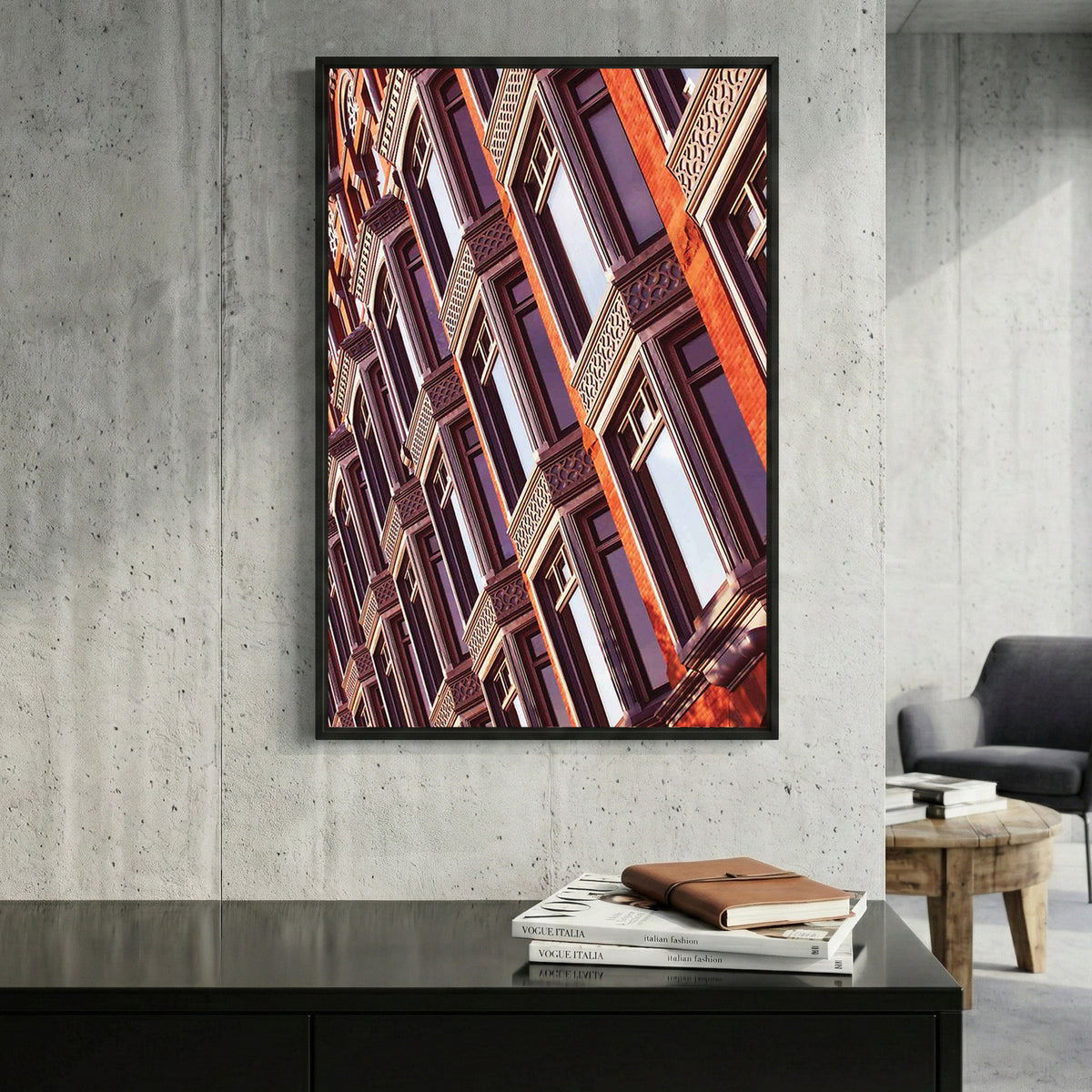 Heritage Brick Facade framed canvas wall art print in a gallery-style display
