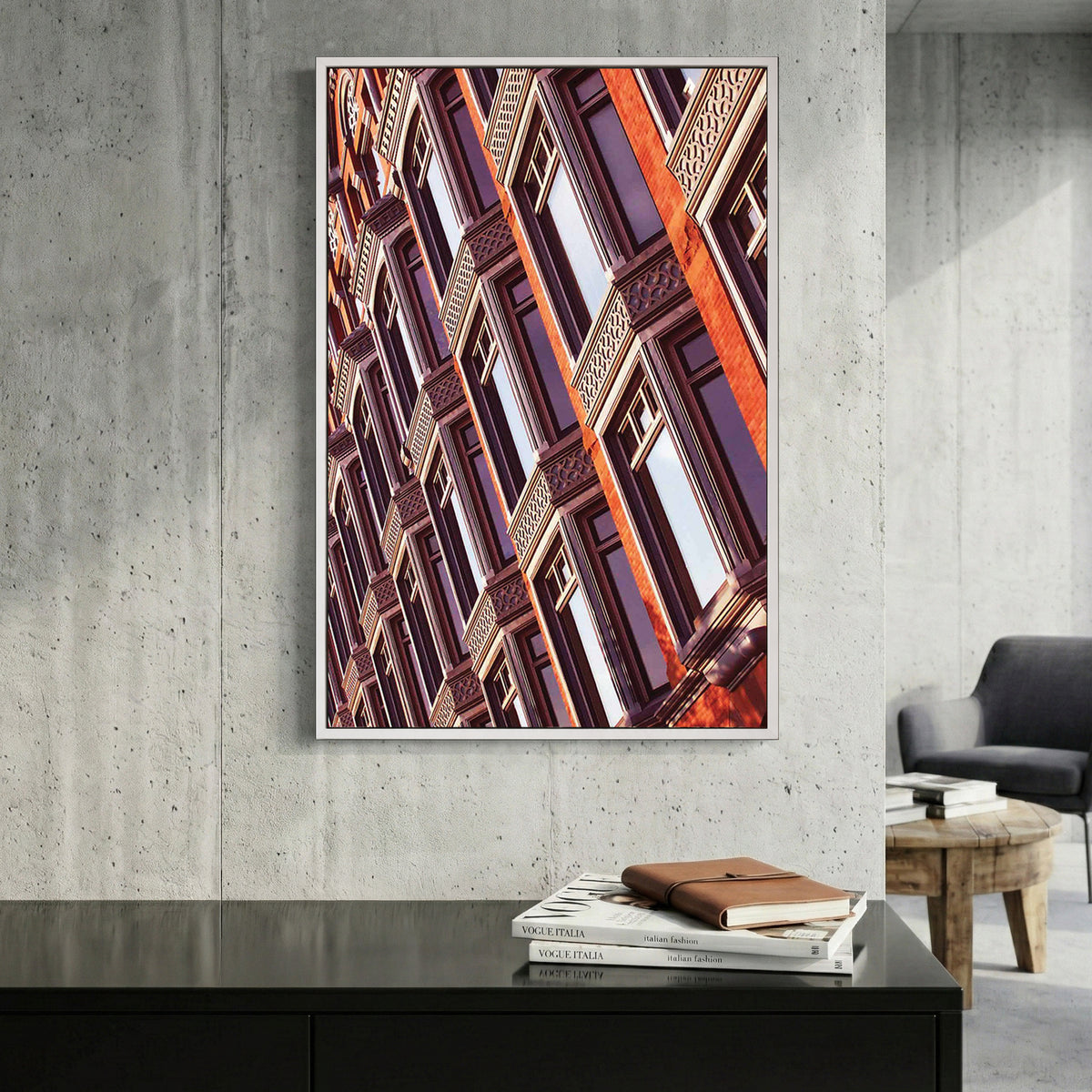 Heritage Brick Facade canvas wall art print displayed in a styled living room