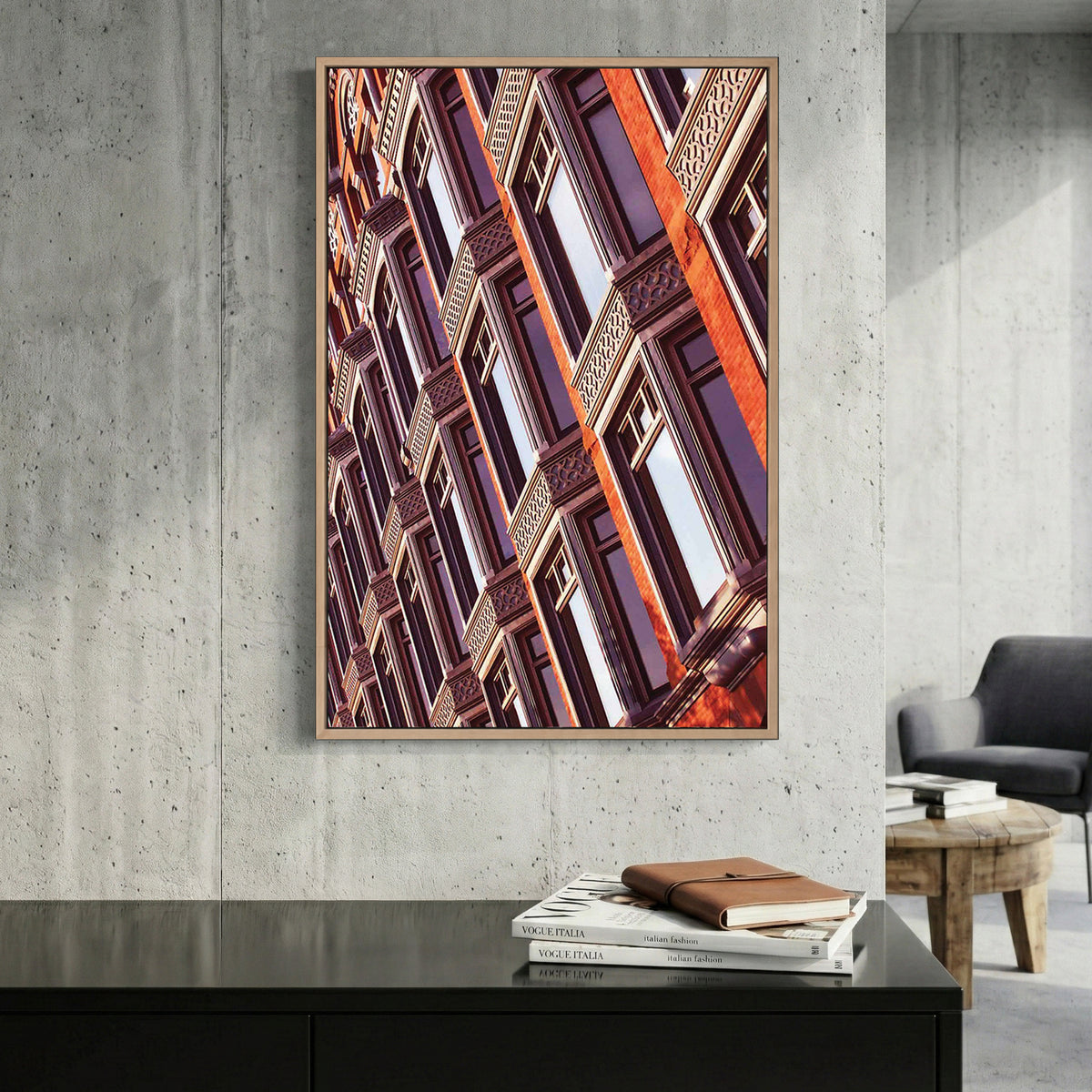 Heritage Brick Facade canvas wall art print displayed in a styled living room