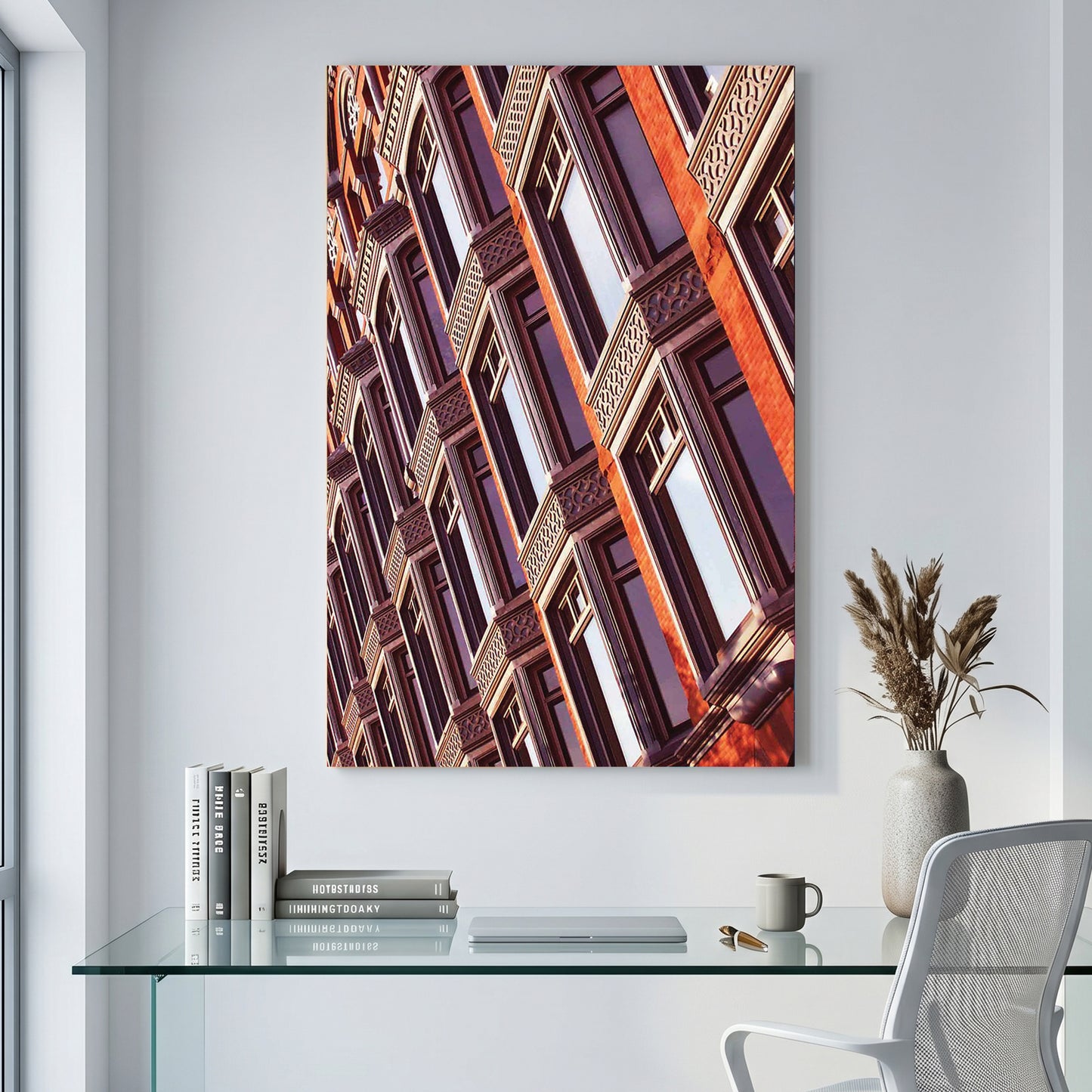 Heritage Brick Facade canvas wall art print displayed in a styled living room