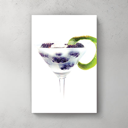 Backlit martini glass with blackberries and fizzing bubbles, a curl of lime peel on the rim, clean white — canvas wall art print