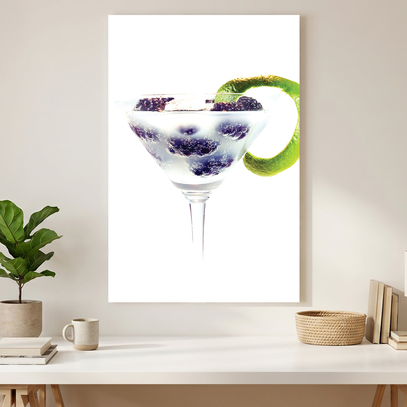 Blackberry Gin Cocktail canvas wall art print styled in a modern interior