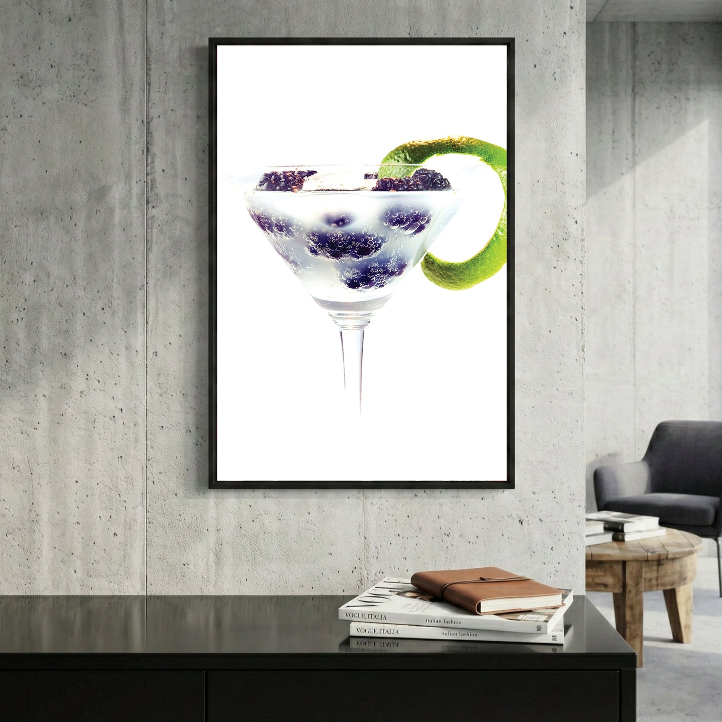 Blackberry Gin Cocktail framed canvas wall art print in a gallery-style display