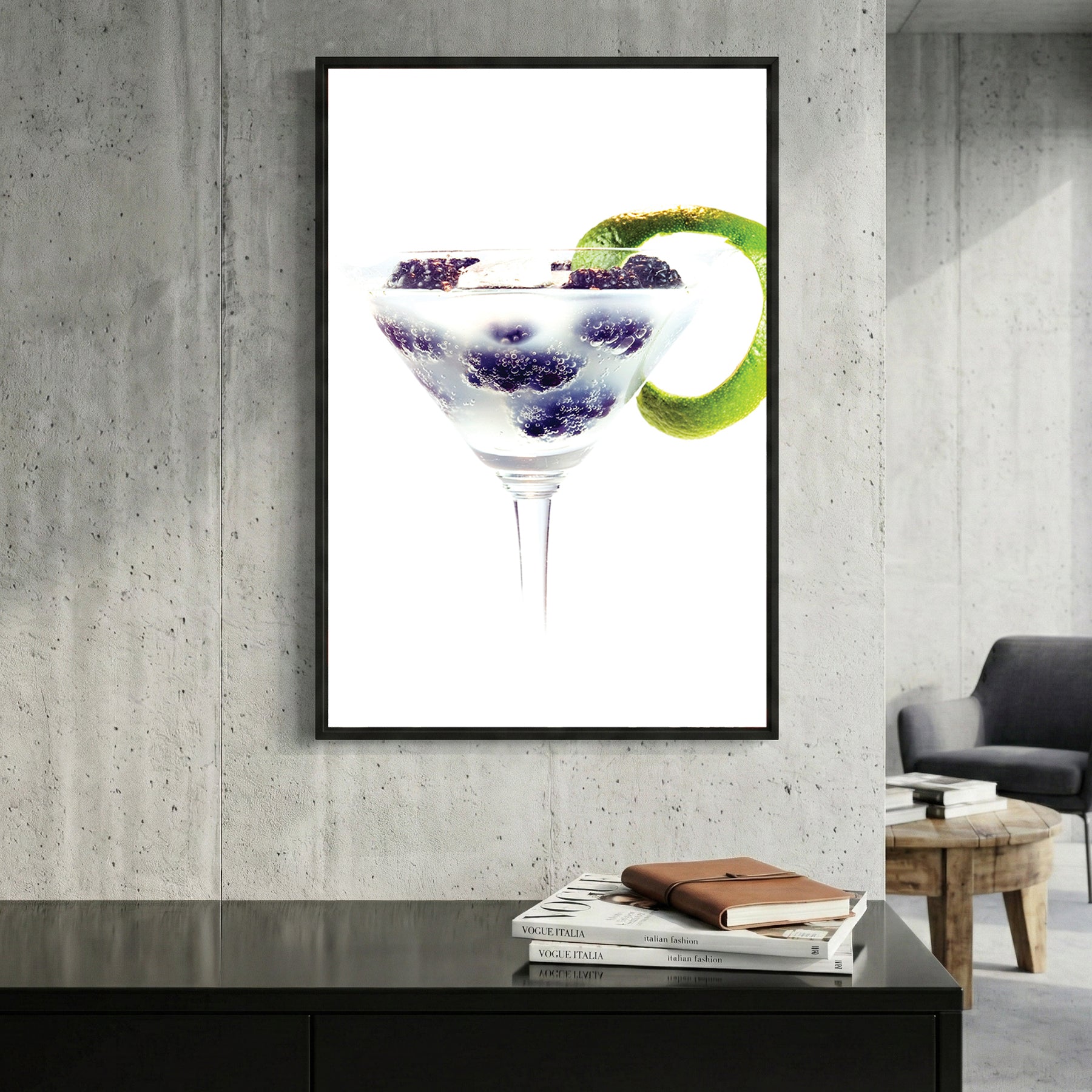 Blackberry Gin Cocktail framed canvas wall art print in a gallery-style display