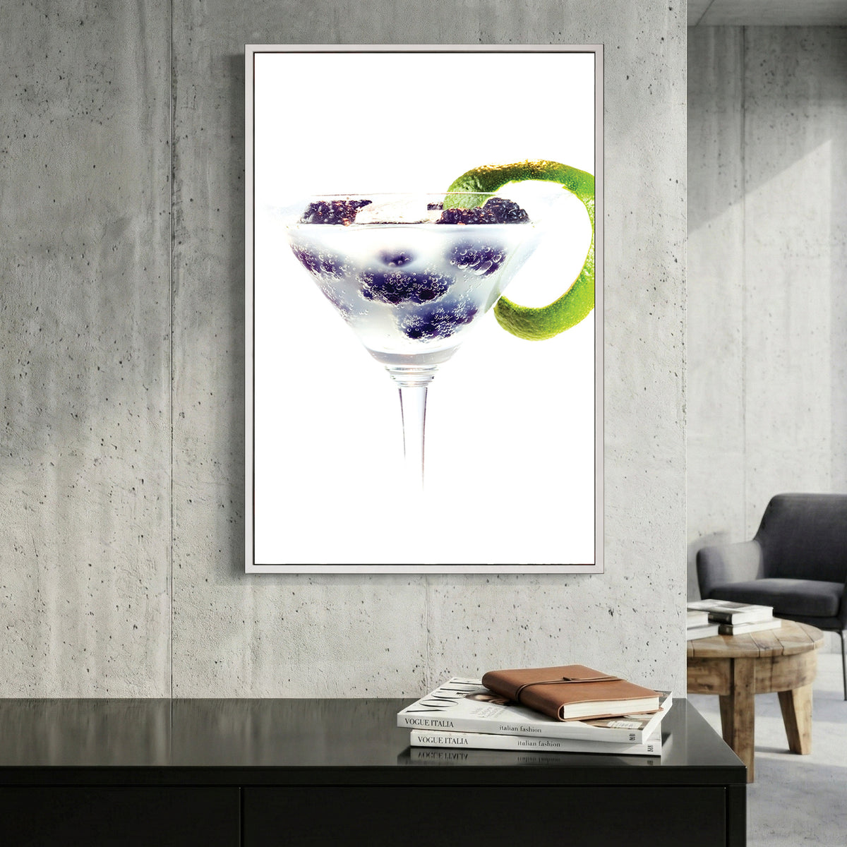 Blackberry Gin Cocktail canvas wall art print displayed in a styled living room