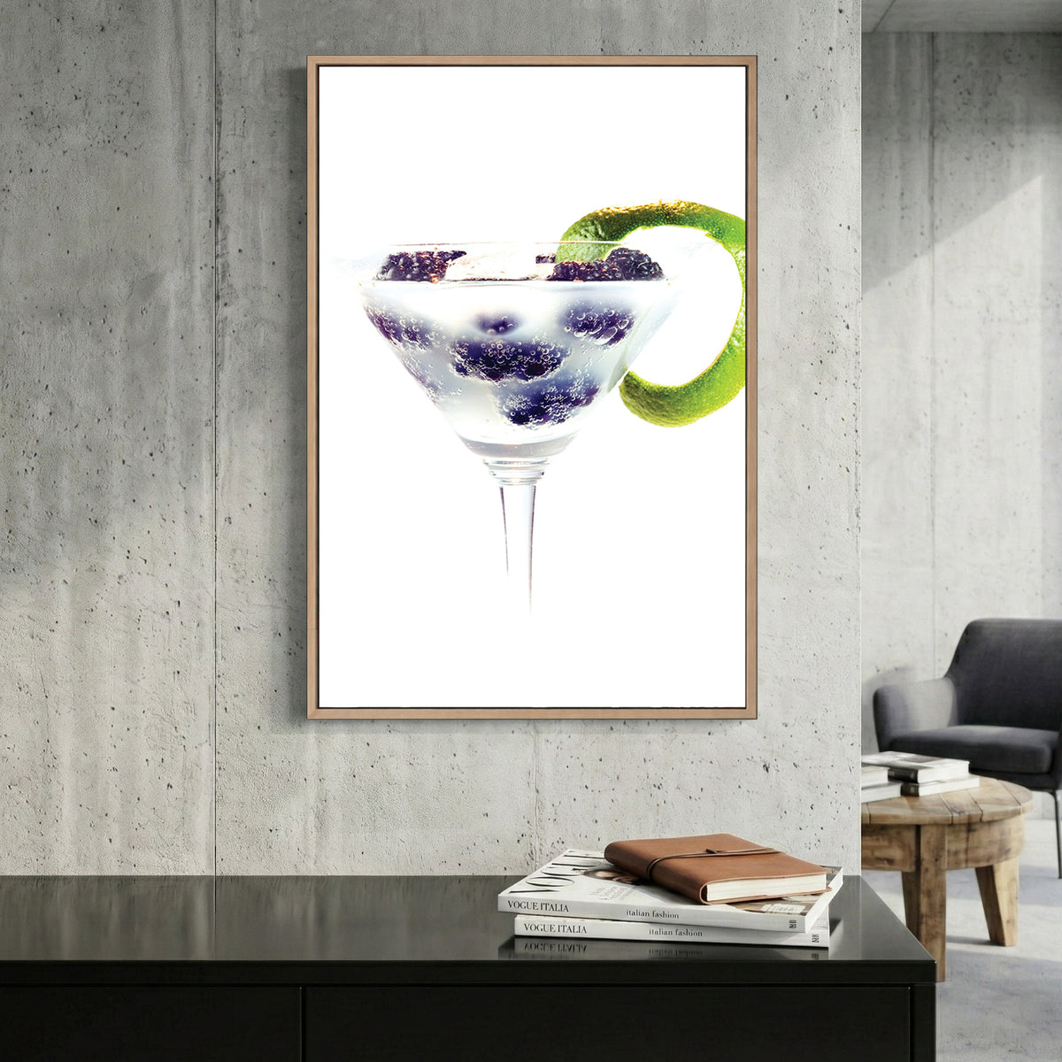 Blackberry Gin Cocktail canvas wall art print displayed in a styled living room