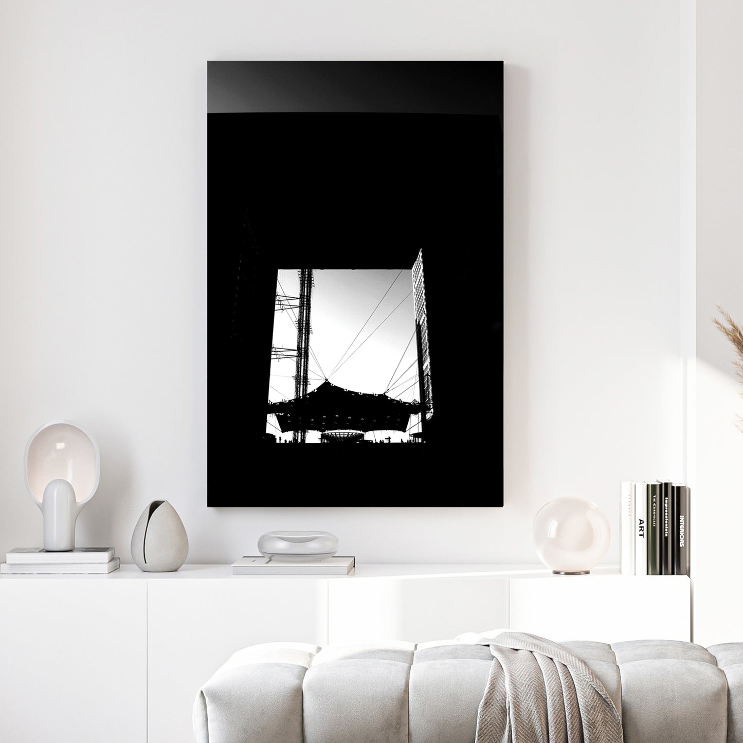 Grande Arche Paris canvas wall art print above a sofa in a contemporary living room