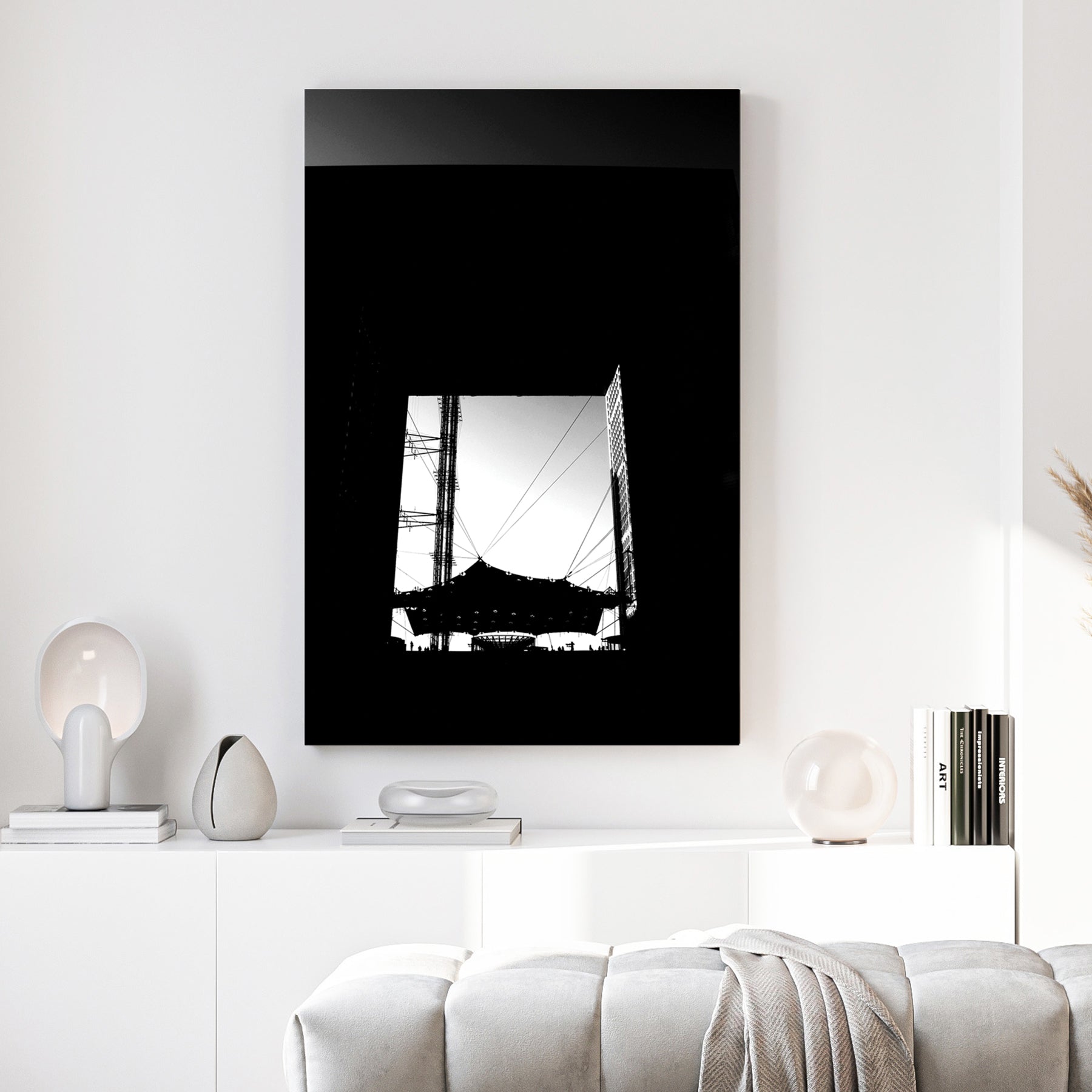 Grande Arche Paris canvas wall art print above a sofa in a contemporary living room