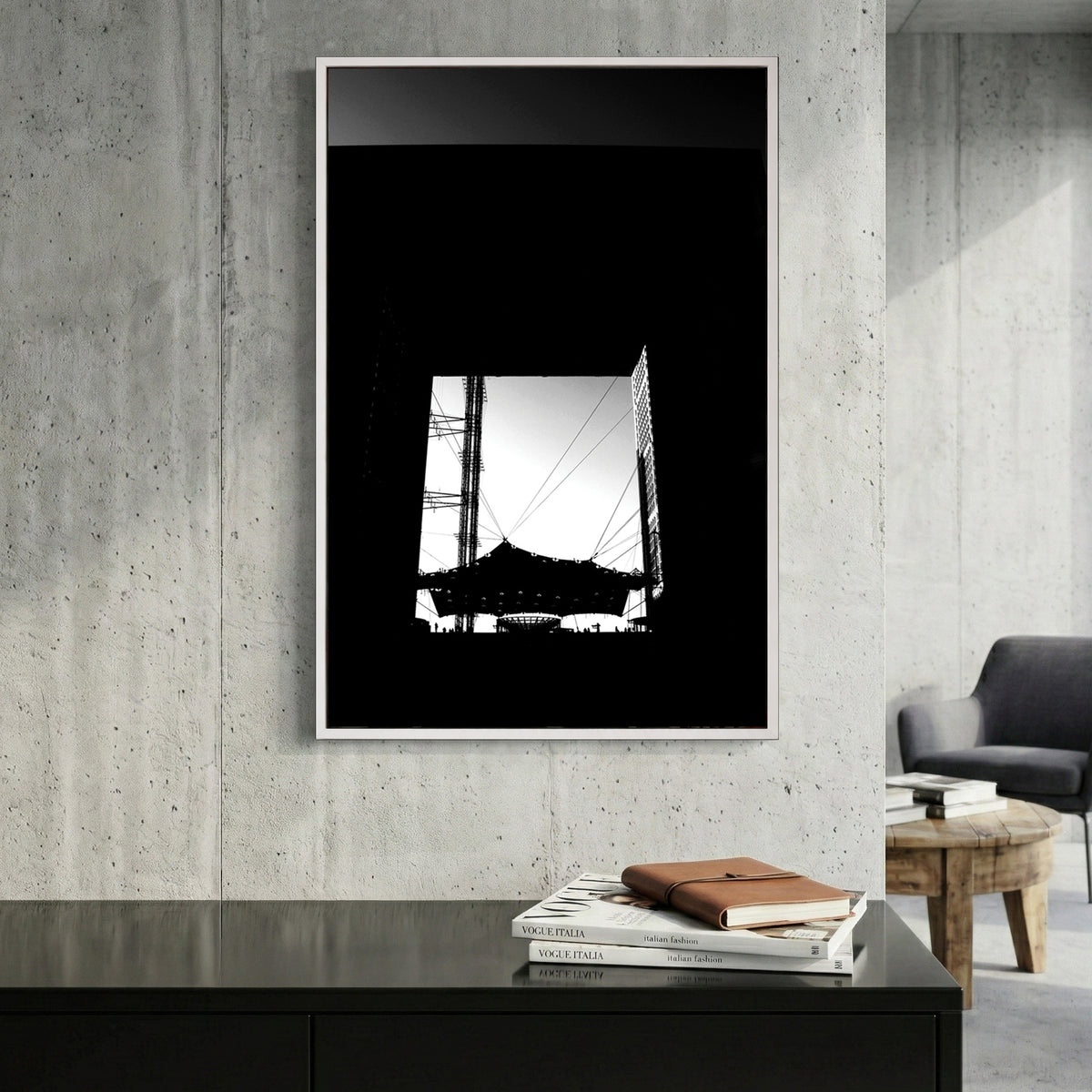 Grande Arche Paris canvas wall art print displayed in a styled living room