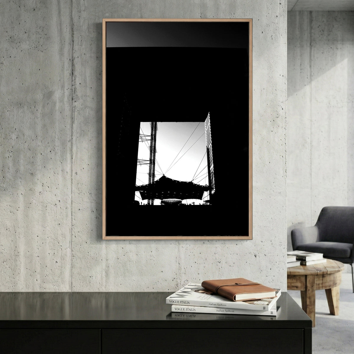 Grande Arche Paris canvas wall art print displayed in a styled living room