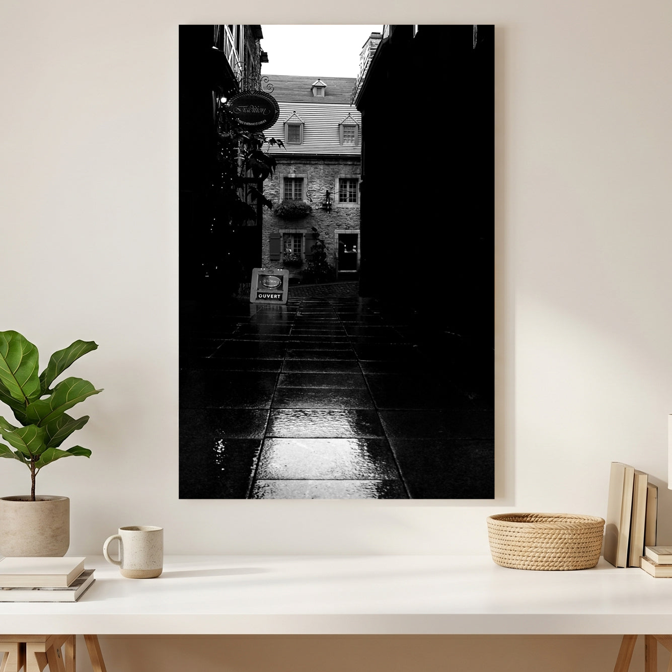 Old Quebec Alley canvas wall art print styled in a modern interior
