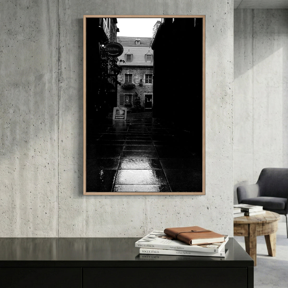 Old Quebec Alley canvas wall art print displayed in a styled living room