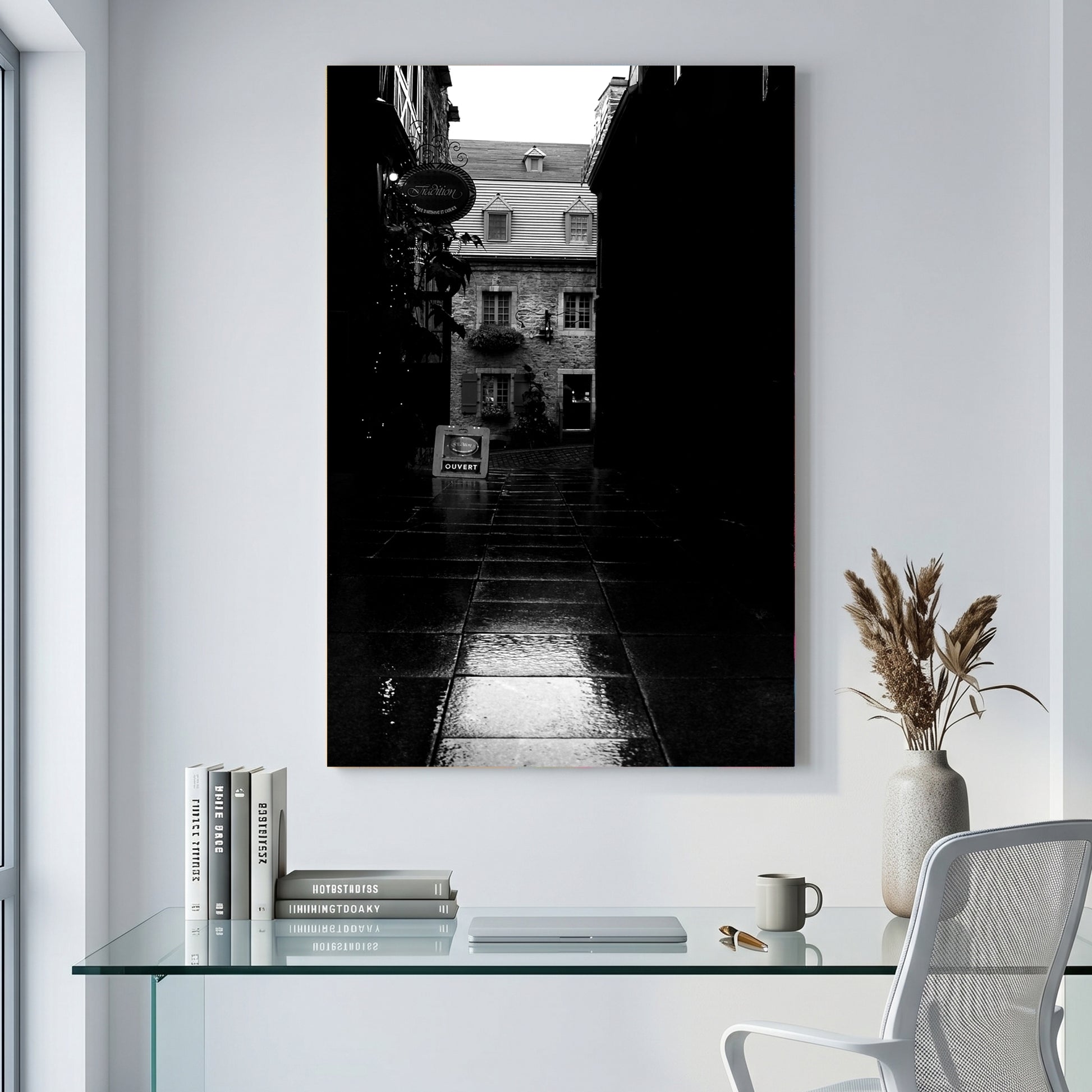 Old Quebec Alley canvas wall art print displayed in a styled living room