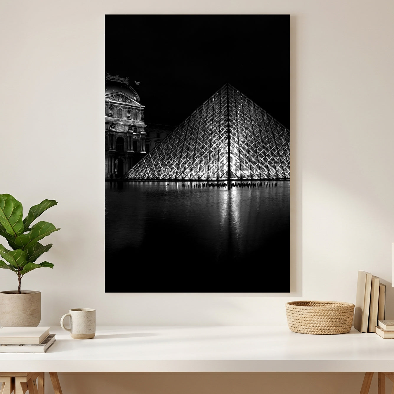 Louvre Pyramid Paris canvas wall art print styled in a modern interior