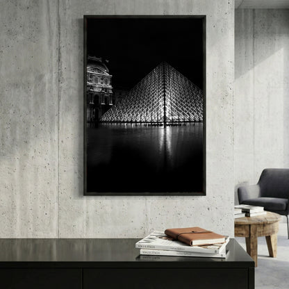 Louvre Pyramid Paris framed canvas wall art print in a gallery-style display