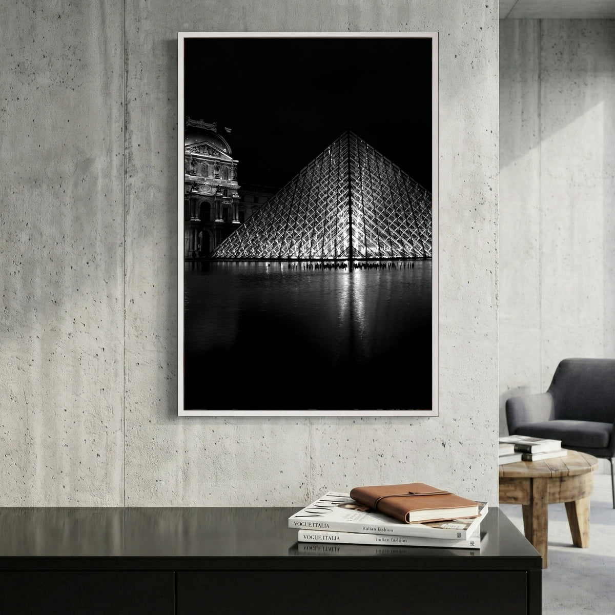 Louvre Pyramid Paris canvas wall art print displayed in a styled living room