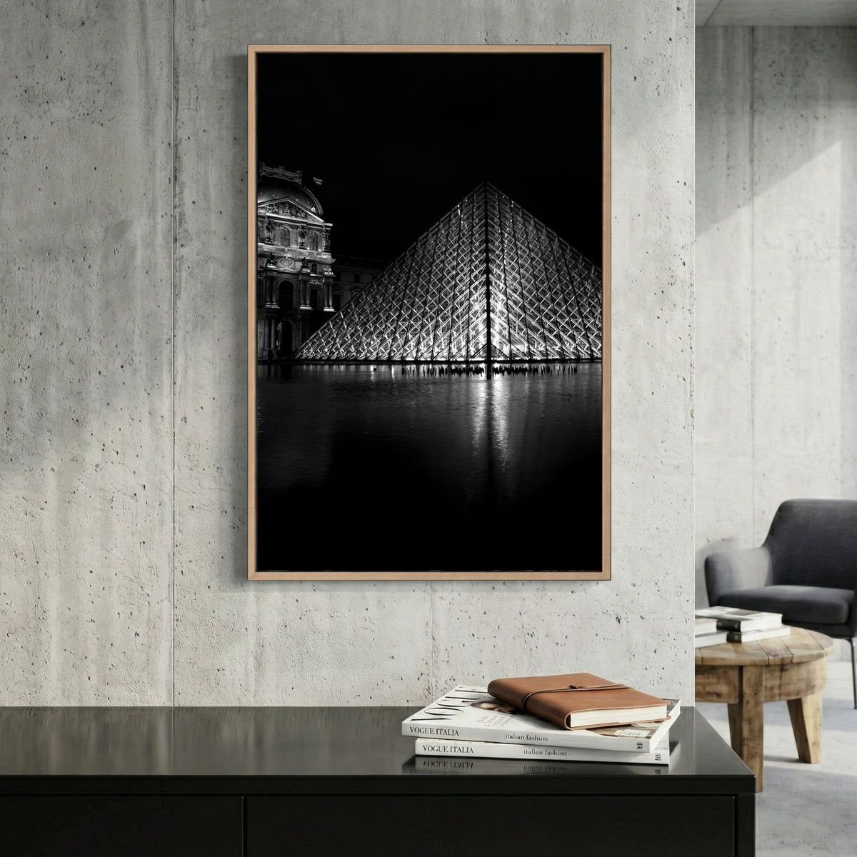 Louvre Pyramid Paris canvas wall art print displayed in a styled living room