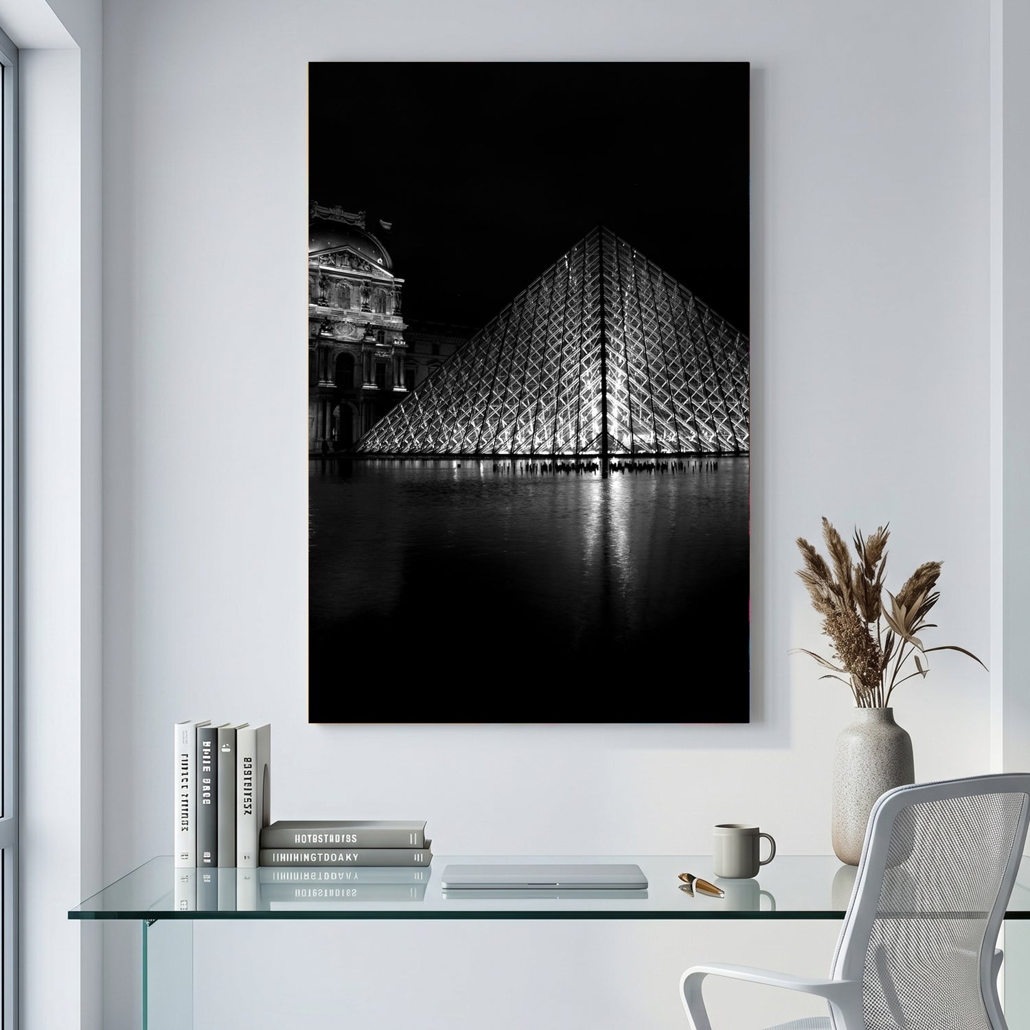 Louvre Pyramid Paris canvas wall art print displayed in a styled living room