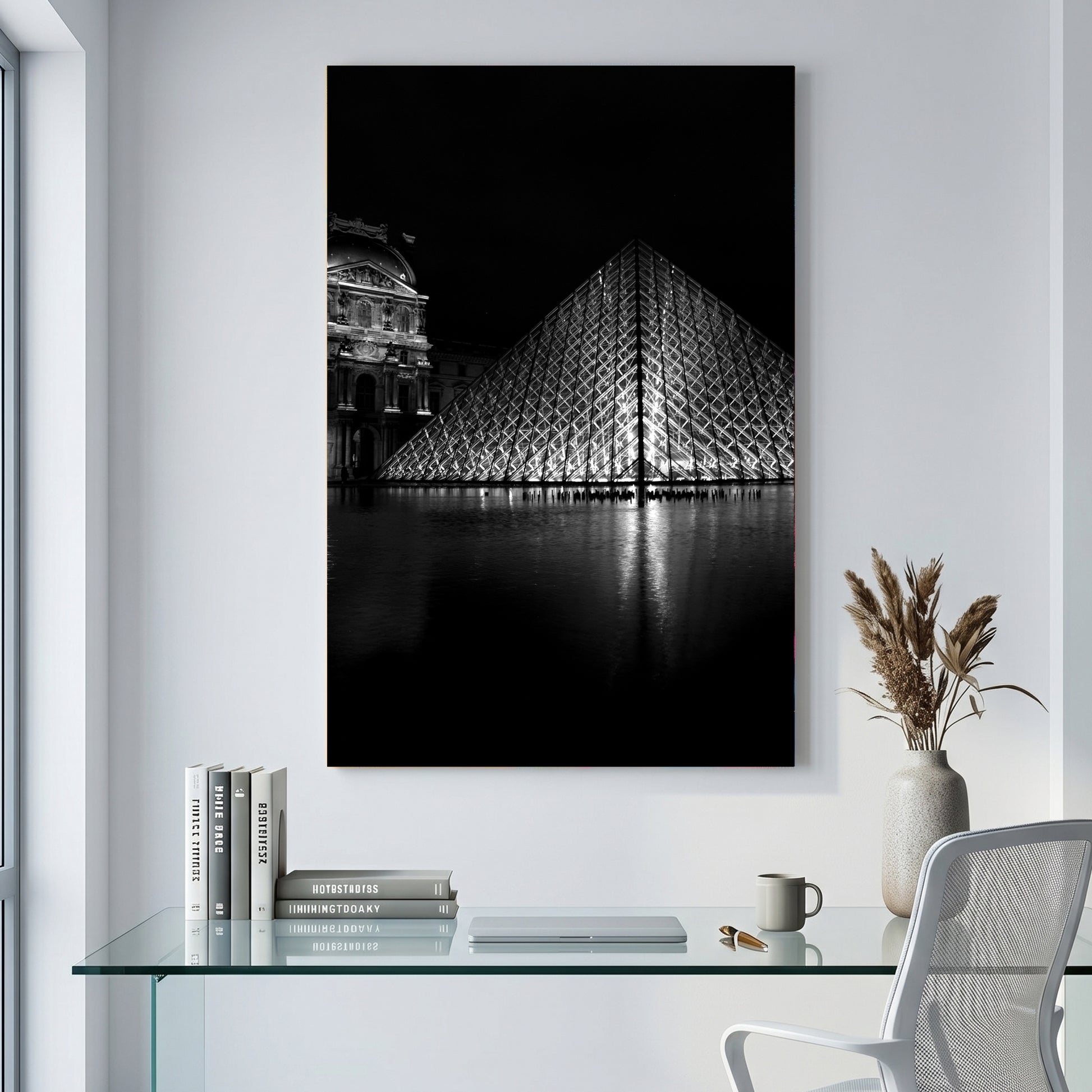 Louvre Pyramid Paris canvas wall art print displayed in a styled living room