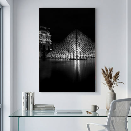Louvre Pyramid Paris canvas wall art print displayed in a styled living room