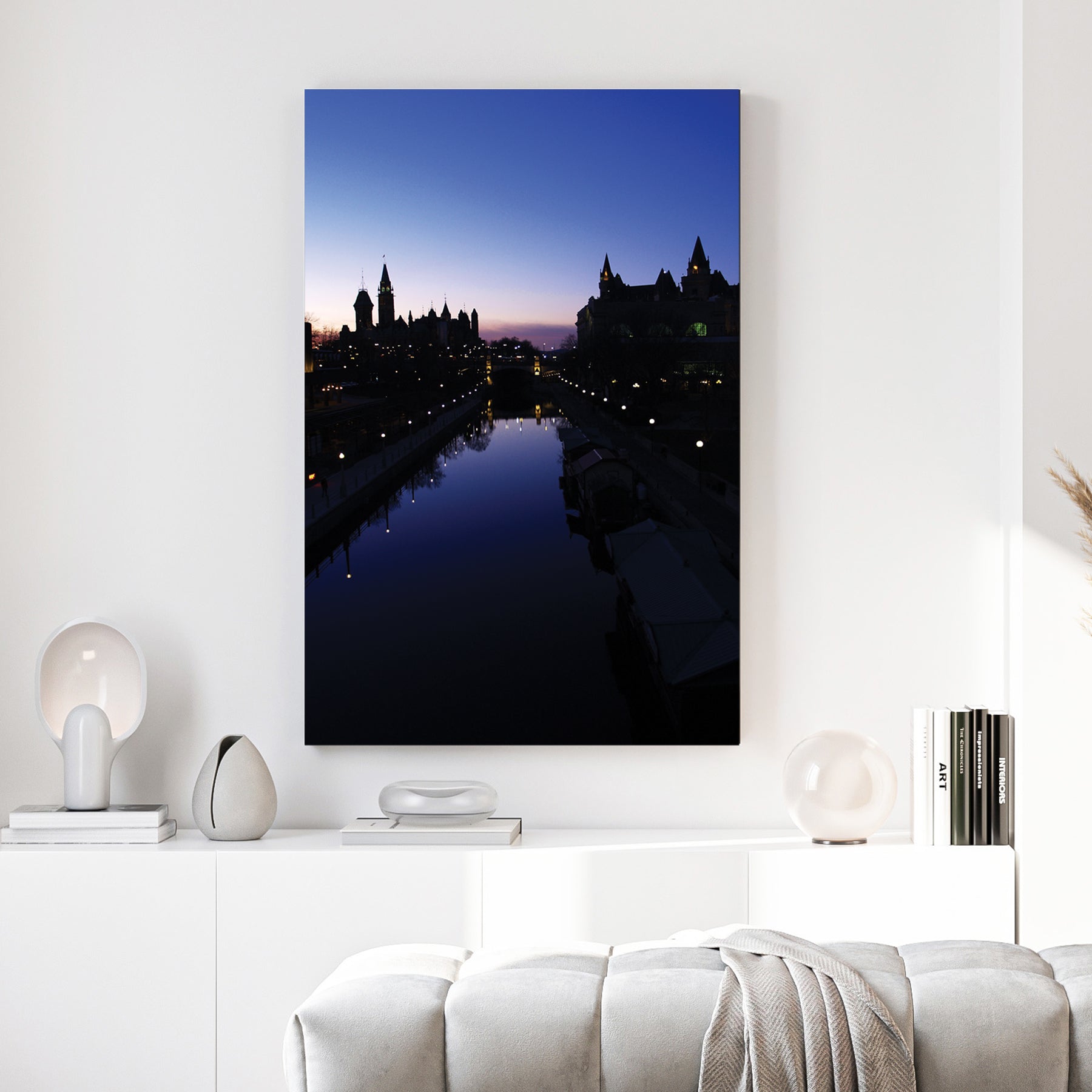 Ottawa Skyline Twilight canvas wall art print above a sofa in a contemporary living room