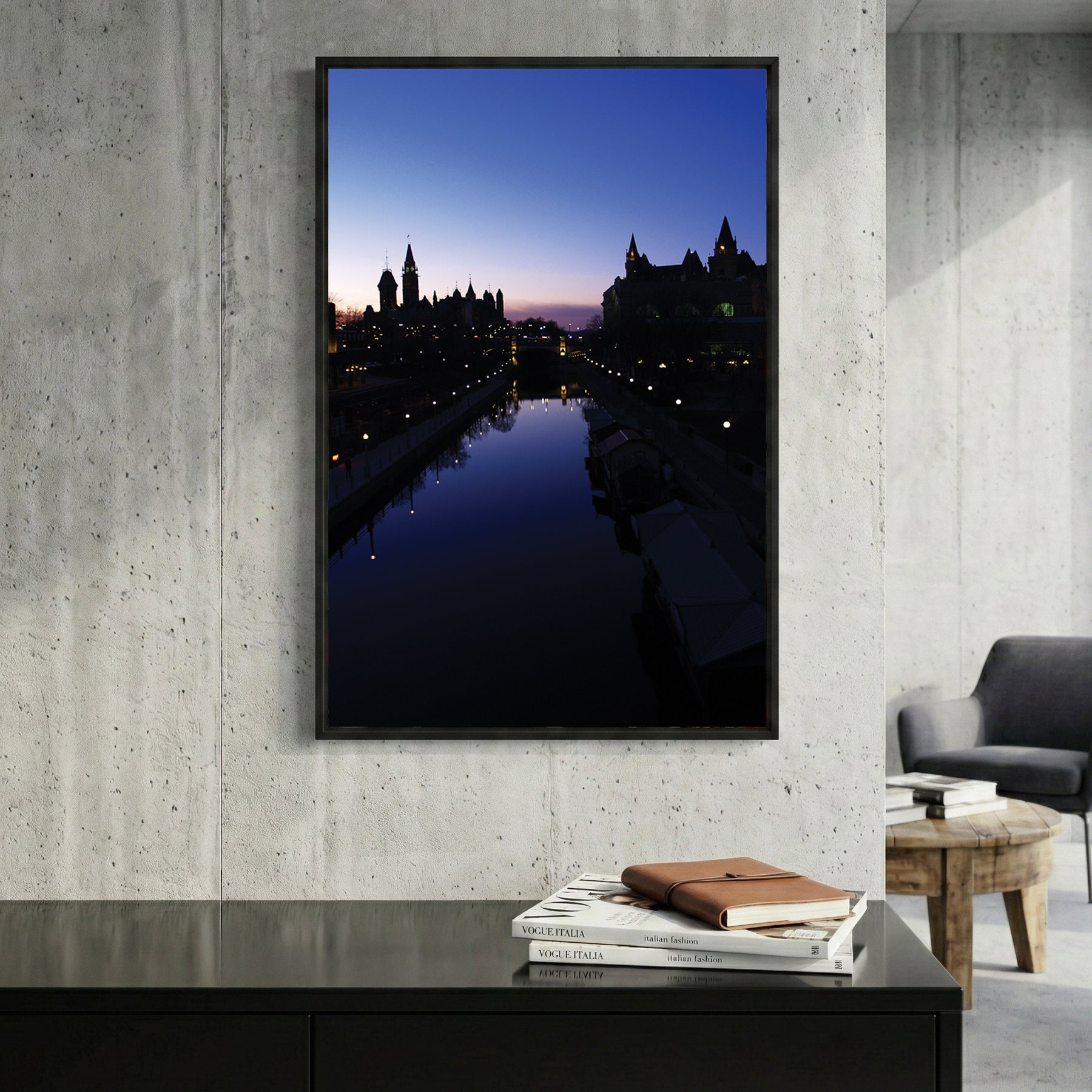 Ottawa Skyline Twilight framed canvas wall art print in a gallery-style display