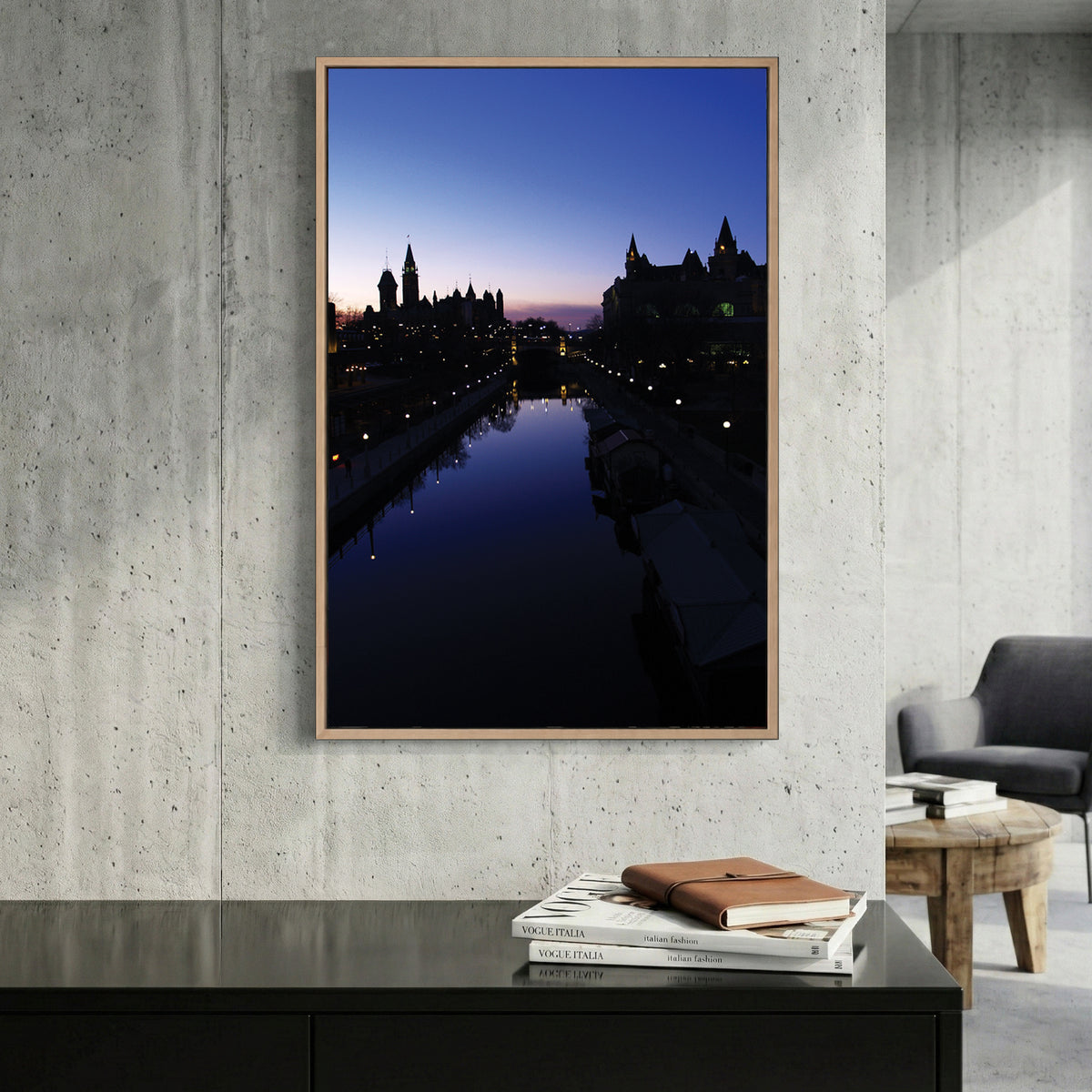 Ottawa Skyline Twilight canvas wall art print displayed in a styled living room