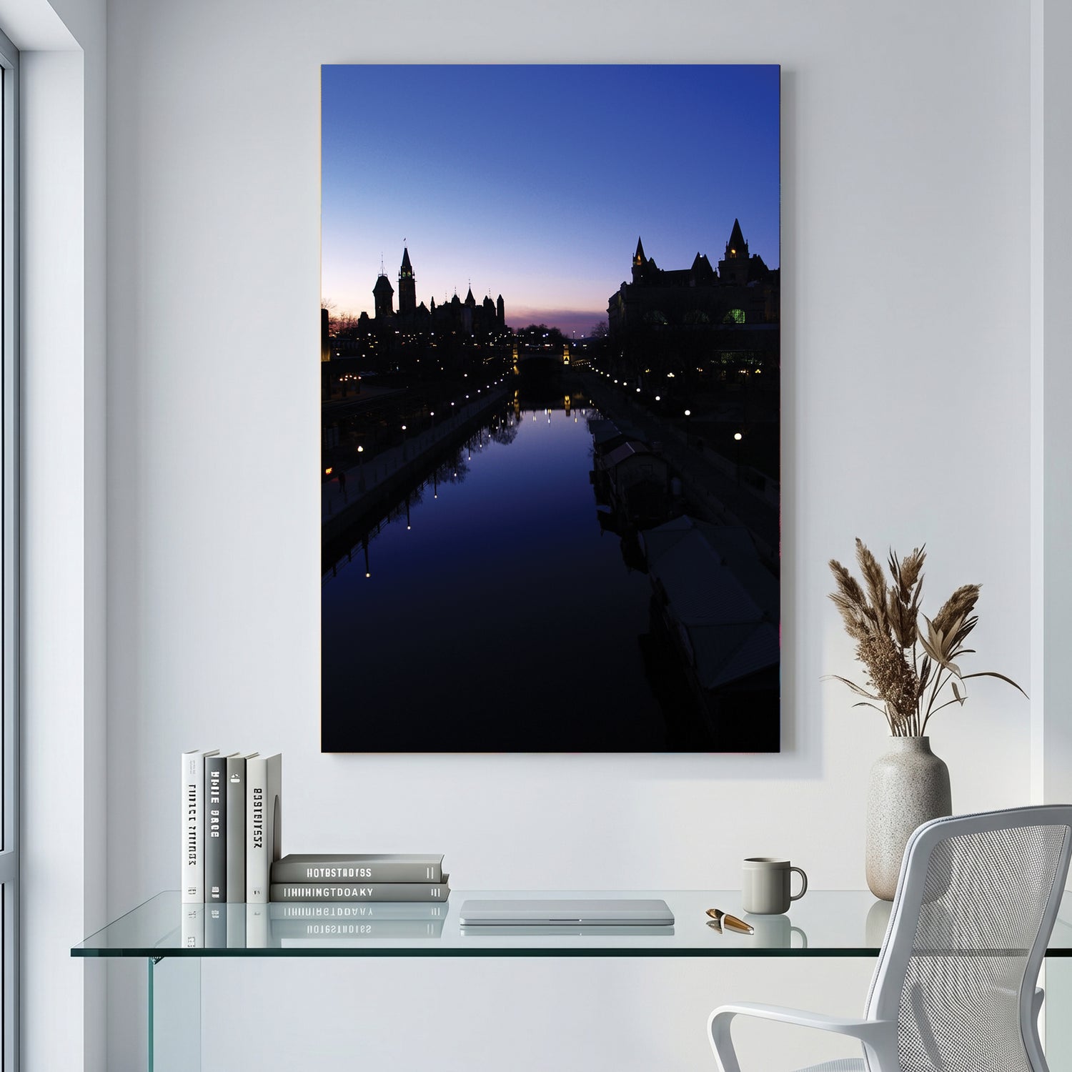 Ottawa Skyline Twilight canvas wall art print displayed in a styled living room