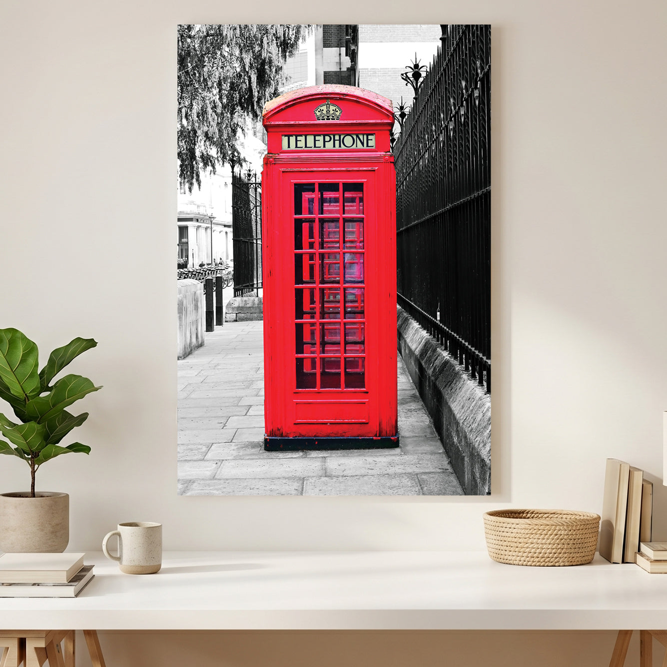 London Telephone Box canvas wall art print styled in a modern interior
