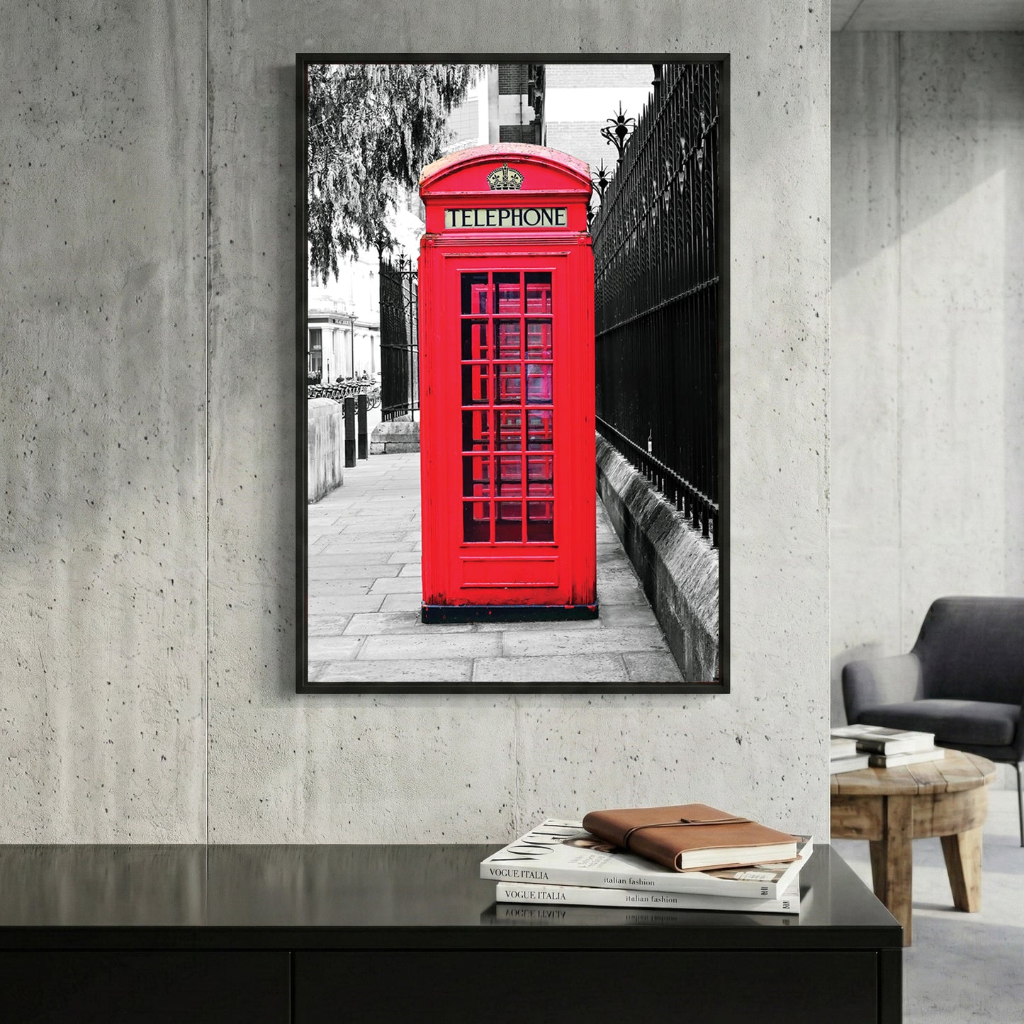 London Telephone Box framed canvas wall art print in a gallery-style display