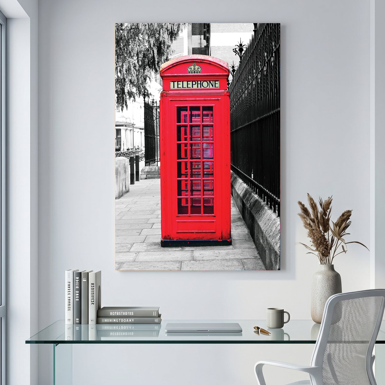 London Telephone Box canvas wall art print displayed in a styled living room
