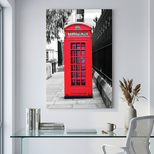 London Telephone Box canvas wall art print displayed in a styled living room