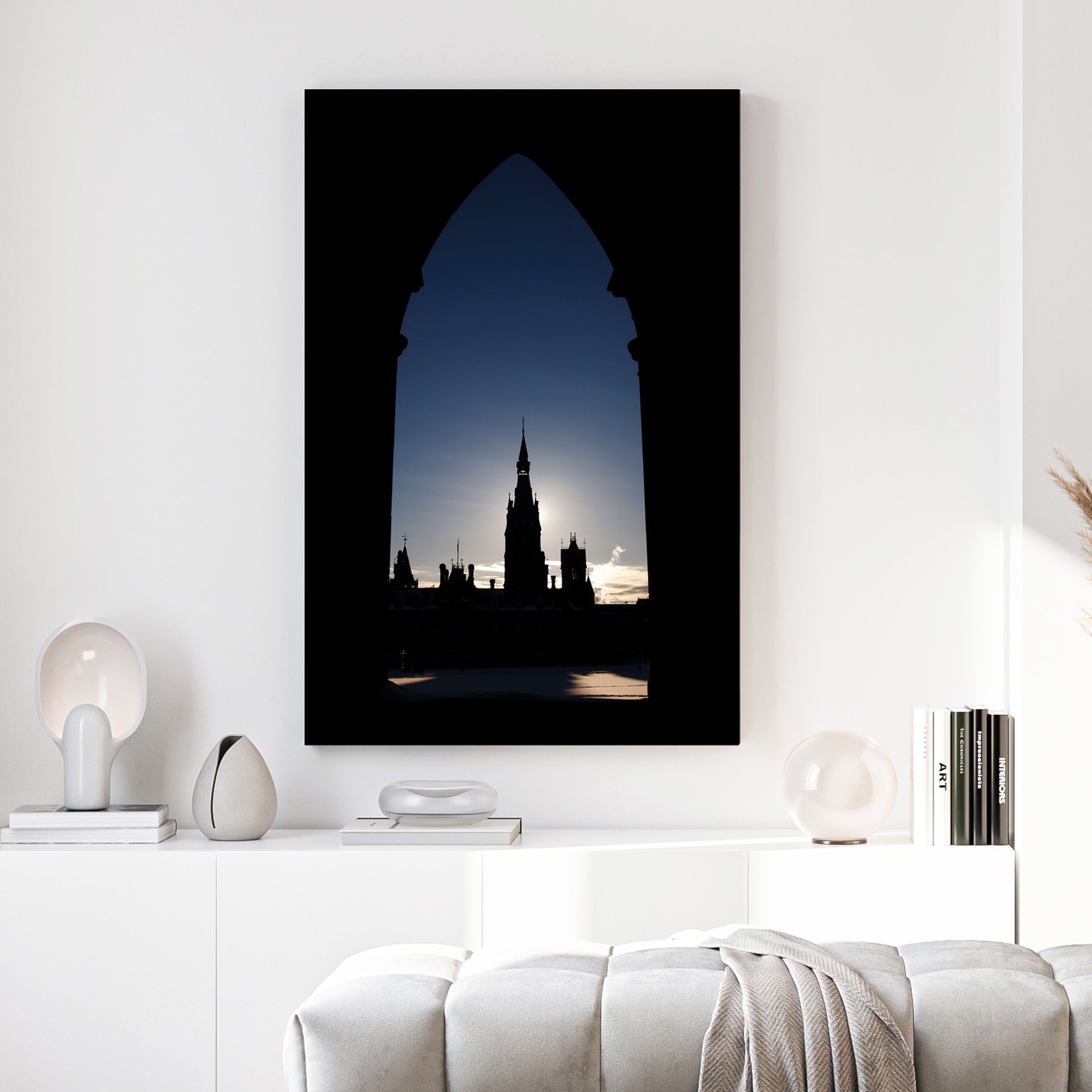 Parliament Tower Silhouette canvas wall art print above a sofa in a contemporary living room