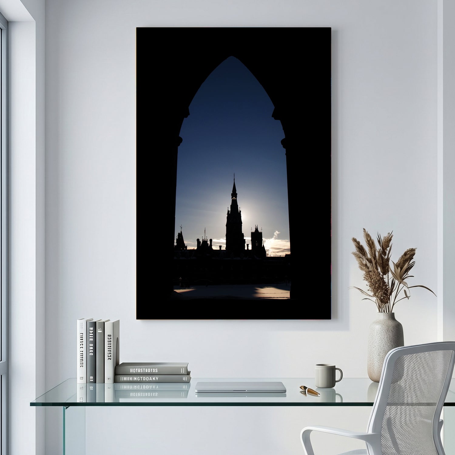 Parliament Tower Silhouette canvas wall art print displayed in a styled living room