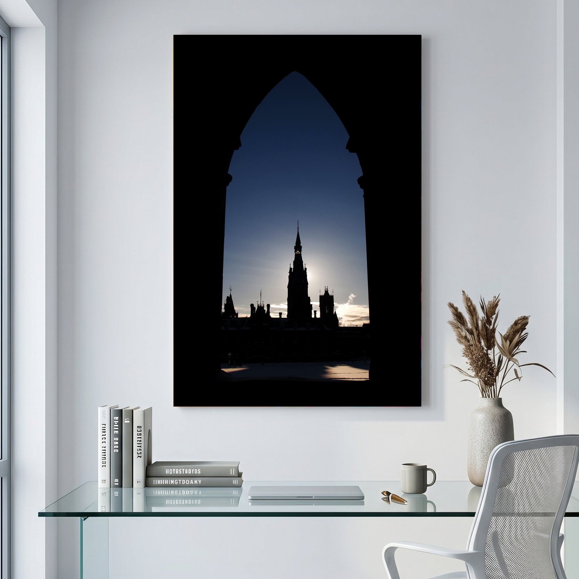 Parliament Tower Silhouette canvas wall art print displayed in a styled living room