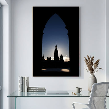 Parliament Tower Silhouette canvas wall art print displayed in a styled living room
