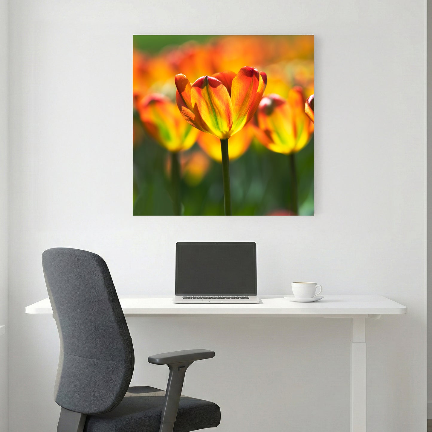 Sunlit Orange Tulips canvas wall art print styled in a modern interior