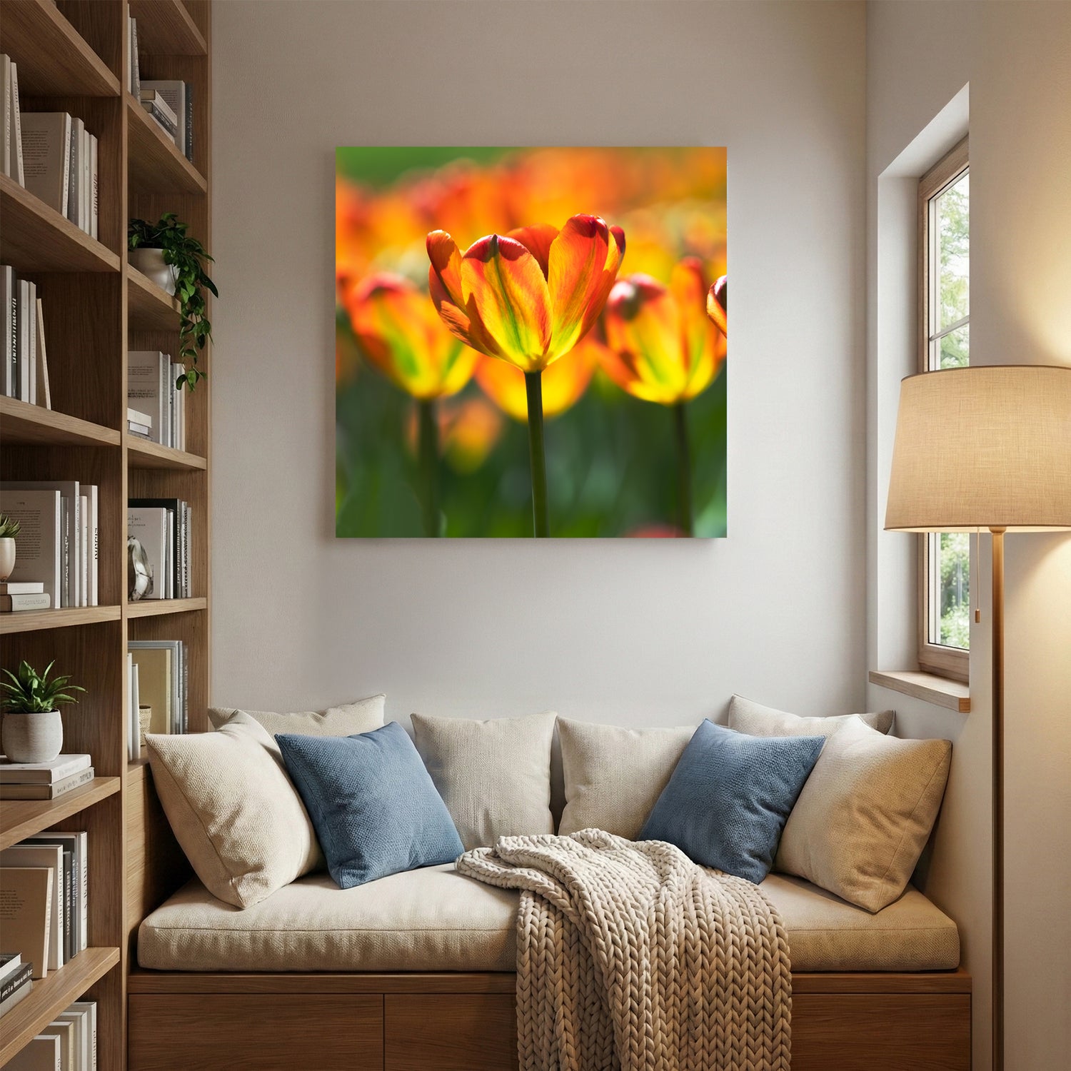Sunlit Orange Tulips canvas wall art print displayed in a styled living room